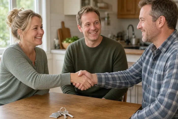 Couple and a buyer shaking hands at a kitchen table with keys