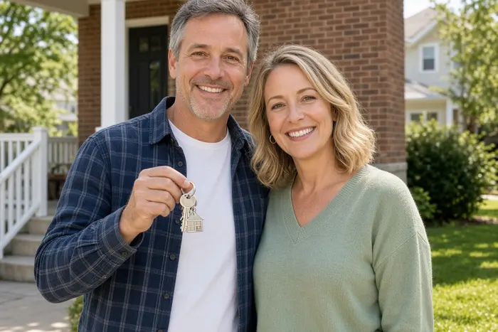 Happy couple outside their house after a fast cash sale