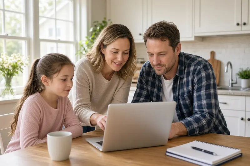 Family filling out a short form on a laptop at the kitchen table