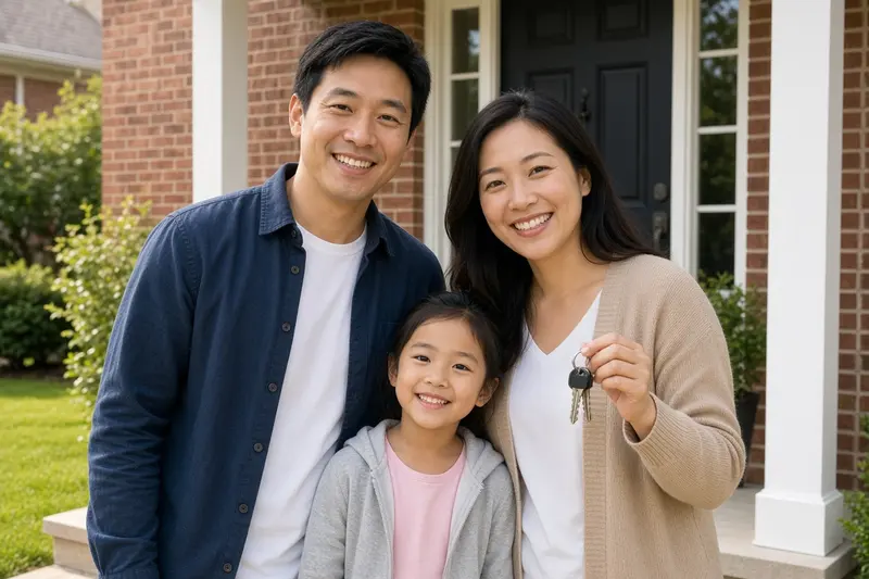 Family holding keys at the front door on closing day